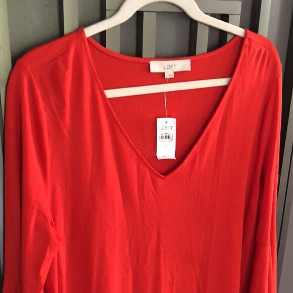 NWT LOFT flowy Orange/Red Rayon spandex bell sleeve V-neck dress size L - Picture 7 of 8